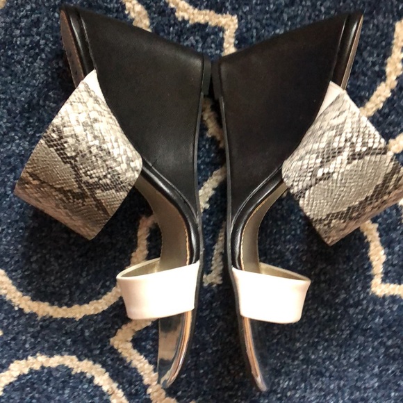 A.N.A. Black and white wedge heel two band sandal; one snake skin band - Picture 4 of 5